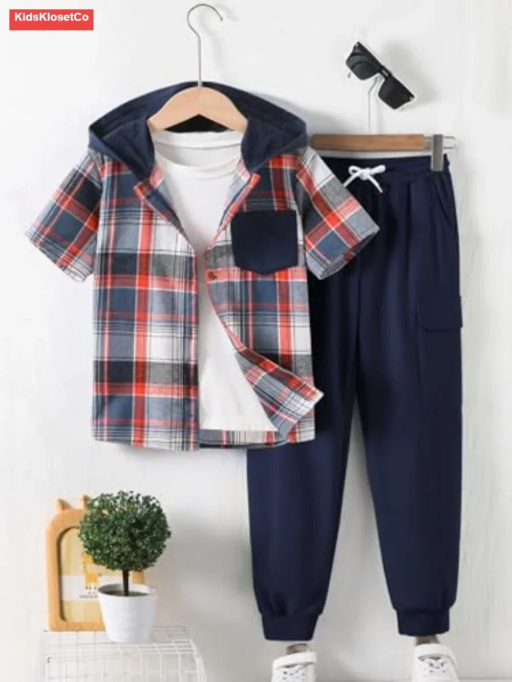Boys Plaid Hooded Button Shirt & Jogger Pants Set Spring Summer